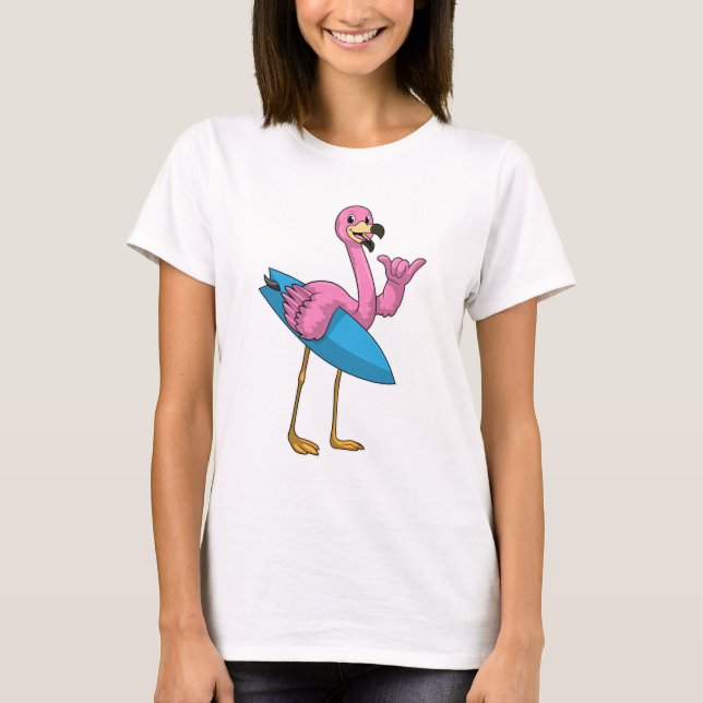 Flamingo als Surfer mit Surfboard T-Shirt (Vorderseite)