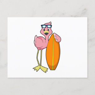 Flamingo als Surfer mit Surfbrett.PNG Postkarte
