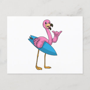 Flamingo als Surfer mit Surfbrett Postkarte