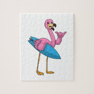 Flamingo als Surfer mit Surfbrett Puzzle