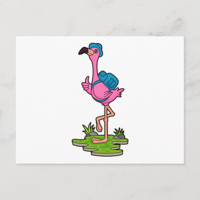 Flamingo als Wanderer mit Rucksack Postkarte (Vorderseite)