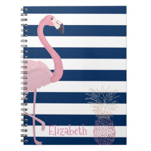 Flamingo, Ananas Navy Blue Stripes Personalisiert Notizblock