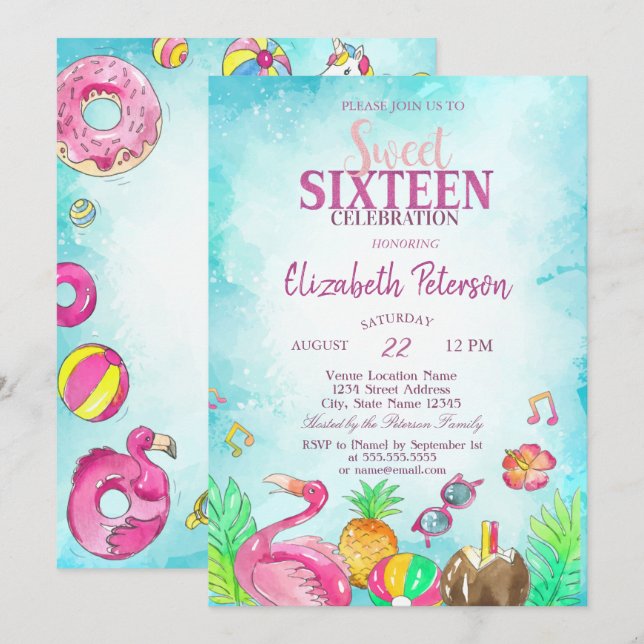 Flamingo Ananas Sommer Pool Sweet 16 Einladung (Vorne/Hinten)