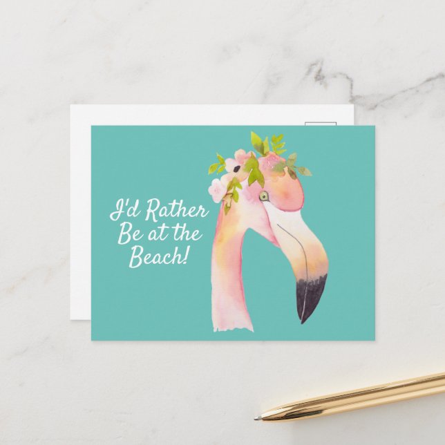 Flamingo Aquarell - am Strand Postkarte (Vorderseite/Rückseite Beispiel)