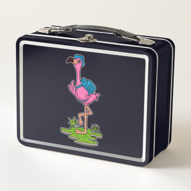 Flamingo as Hiker with Backpack Metall Brotdose (Vorderseite)