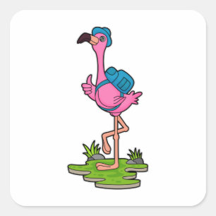 Flamingo as Hiker with Backpack Quadratischer Aufkleber