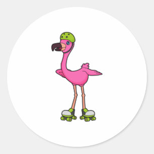Flamingo as Skater with Roller skates & Helmet Runder Aufkleber