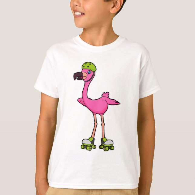 Flamingo as Skater with Roller skates & Helmet T-Shirt (Vorderseite)