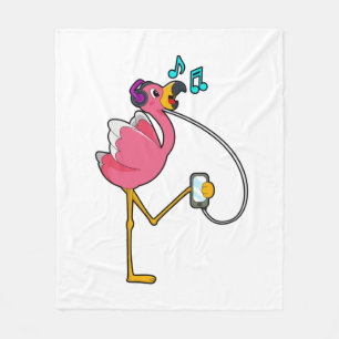 Flamingo at Music with Headphone Fleecedecke
