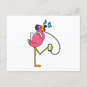 Flamingo at Music with Headphone Postkarte