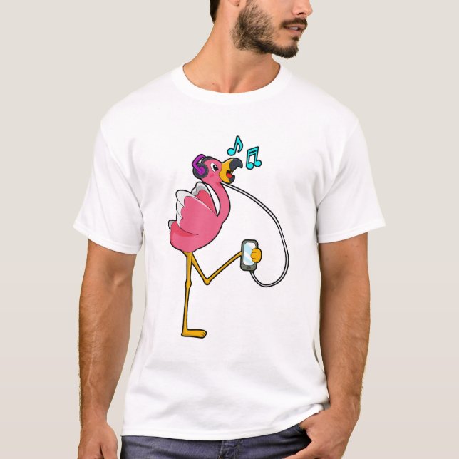 Flamingo at Music with Headphone T-Shirt (Vorderseite)