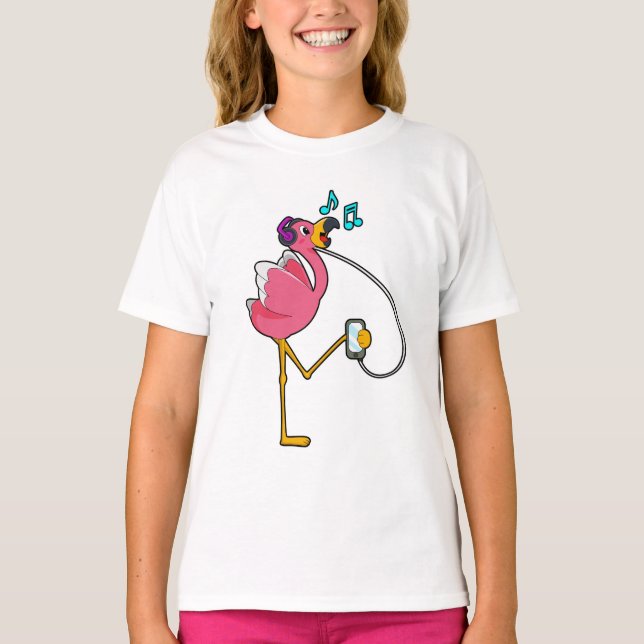 Flamingo at Music with Headphone T-Shirt (Vorderseite)