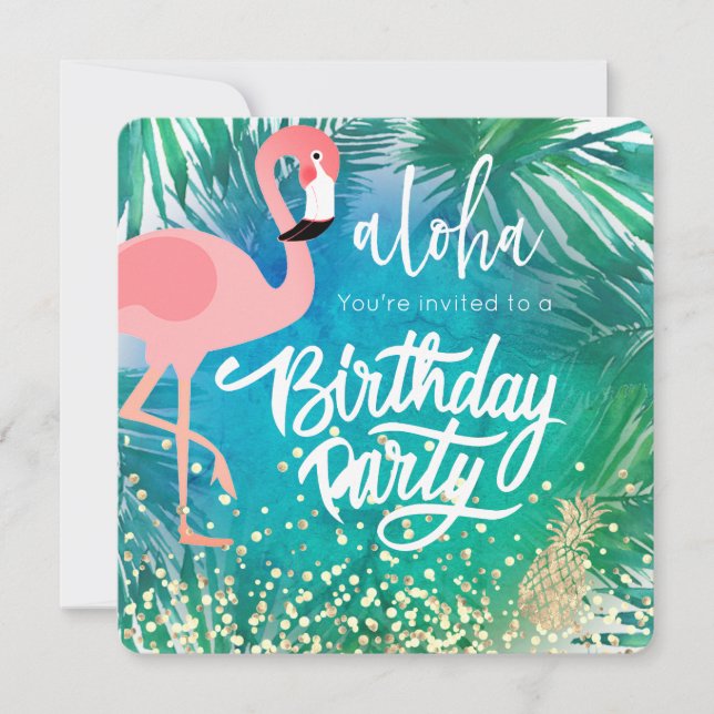 Flamingo auf tropisch-blauem Design Einladung (Vorderseite)