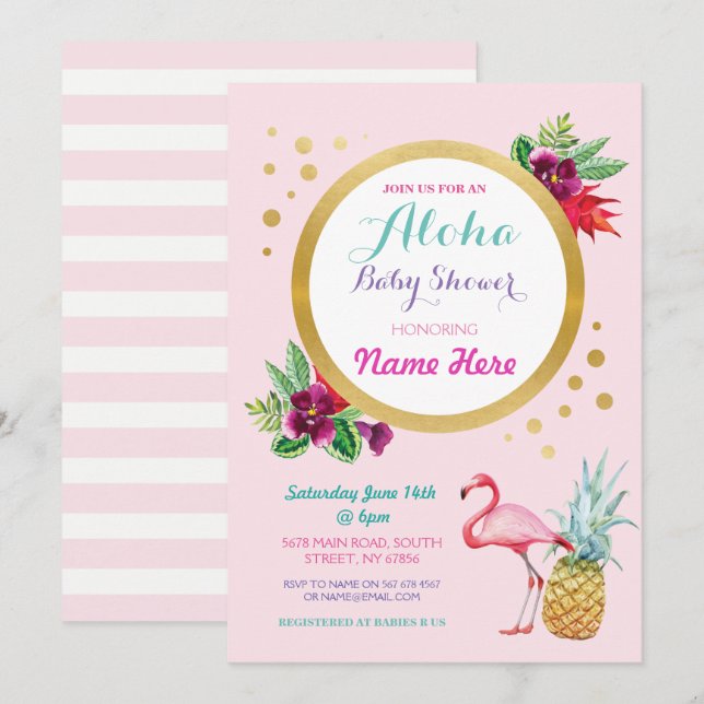 Flamingo Baby Dusche Aloha Tropical Invite Einladung (Vorne/Hinten)