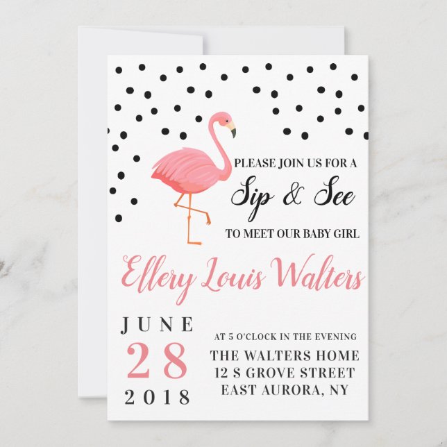 Flamingo Baby Girl Sip und sehen Sie Einladung (Vorderseite)