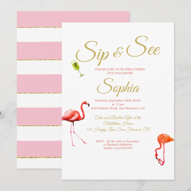 Flamingo Baby Pink Strip Sip und sehen Einladung (Vorne/Hinten)