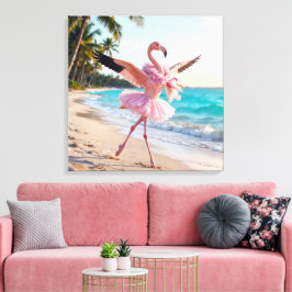 Flamingo-Ballerina in einem rosa Tutu am Strand Leinwanddruck