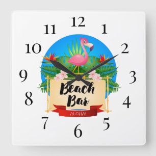 Flamingo Beach Bar Square Wall Clock Quadratische Wanduhr