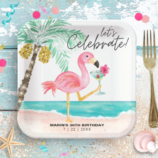 Flamingo Beach Party Tropischer Cocktail Geburtsta Pappteller