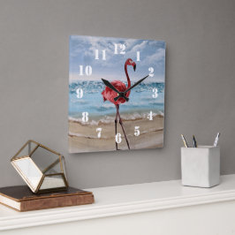 Flamingo Beach Quadratische Wanduhr