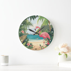 Flamingo Beach Tropical Große Wanduhr