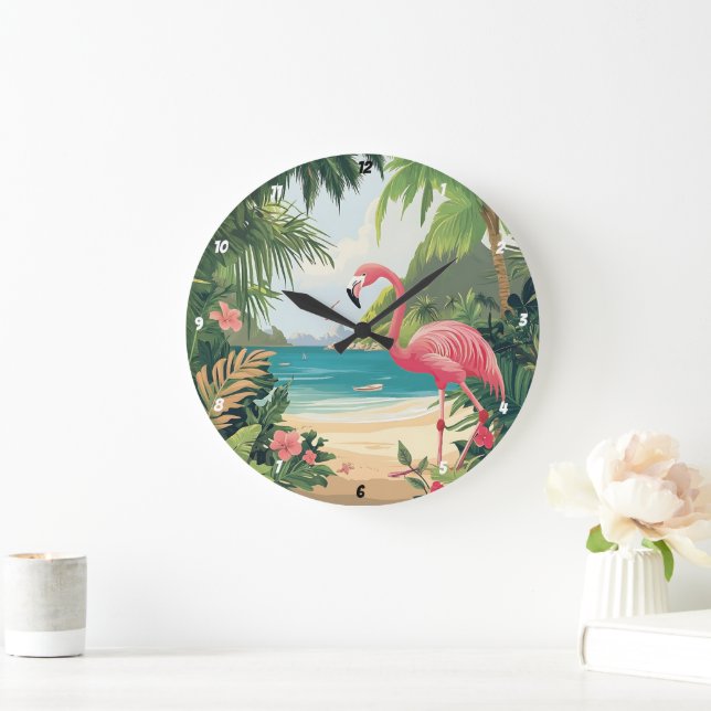 Flamingo Beach Tropical Große Wanduhr (Zuhause)
