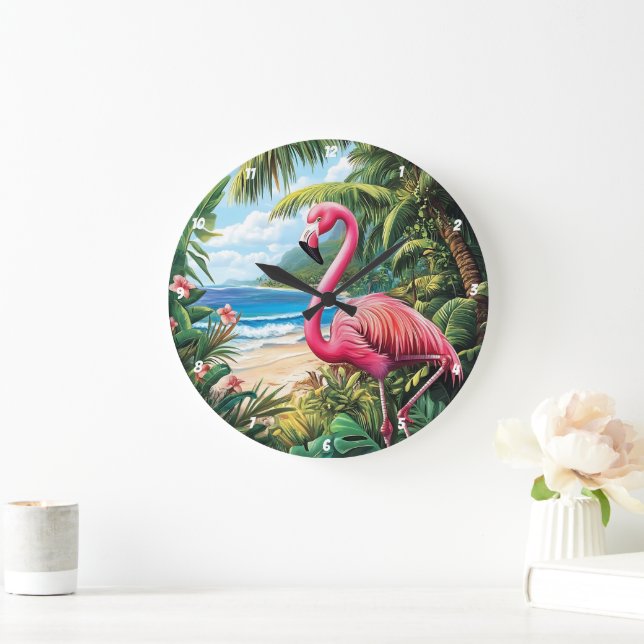 Flamingo Beach Tropical Große Wanduhr (Zuhause)
