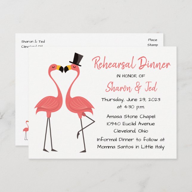 Flamingo Beach Tropical Wedding Probe Dinner Einladungspostkarte (Vorne/Hinten)