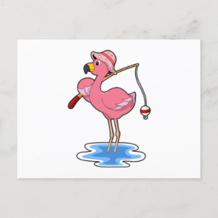 Flamingo beim Angeln mit Angelrute Postkarte