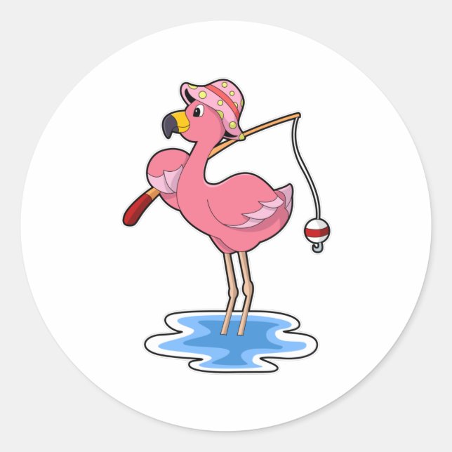 Flamingo beim Angeln mit Angelstab Runder Aufkleber (Vorderseite)