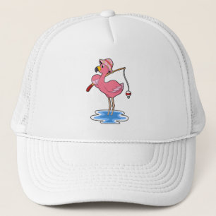 Flamingo beim Angeln mit Angelstab Truckerkappe