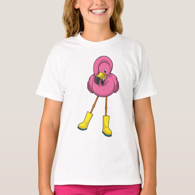 Flamingo beim Regen mit Gummistiefeln T-Shirt (Vorderseite)