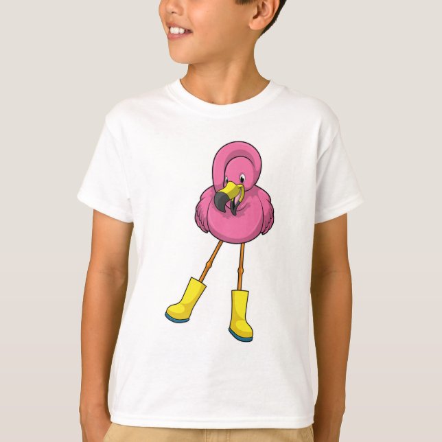 Flamingo beim Regen mit Gummistiefeln T-Shirt (Vorderseite)
