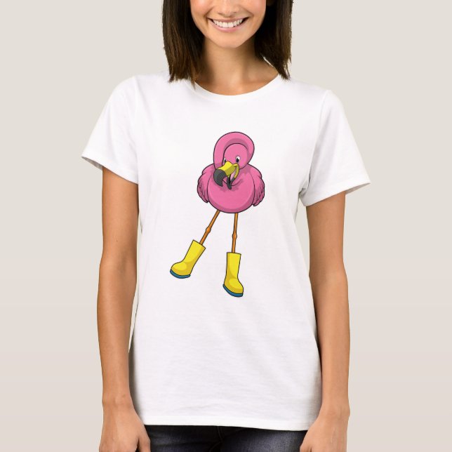 Flamingo beim Regen mit Gummistiefeln T-Shirt (Vorderseite)