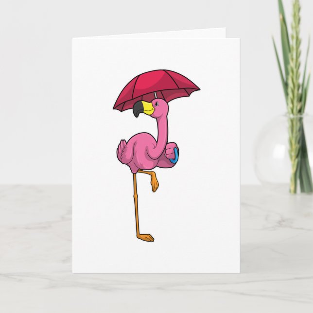 Flamingo beim Regen mit Regenschirm Karte (Vorderseite)