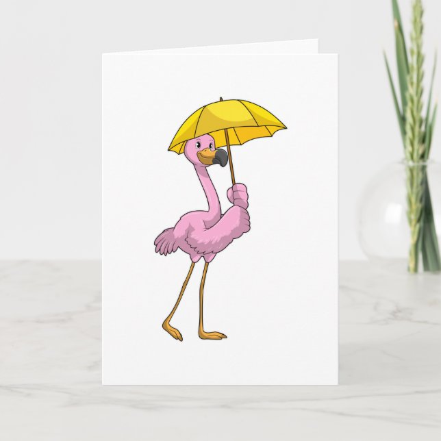 Flamingo beim Regen mit Regenschirm Karte (Vorderseite)