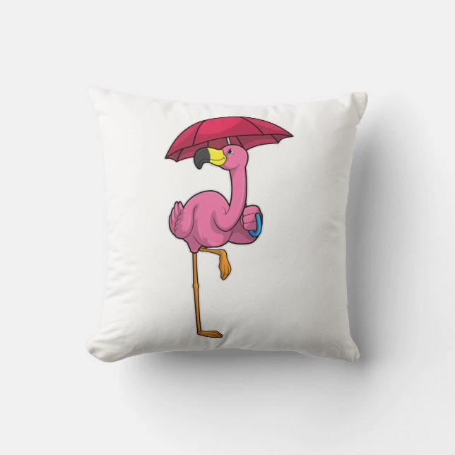 Flamingo beim Regen mit Regenschirm Kissen (Vorderseite)