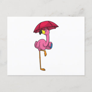 Flamingo beim Regen mit Regenschirm Postkarte