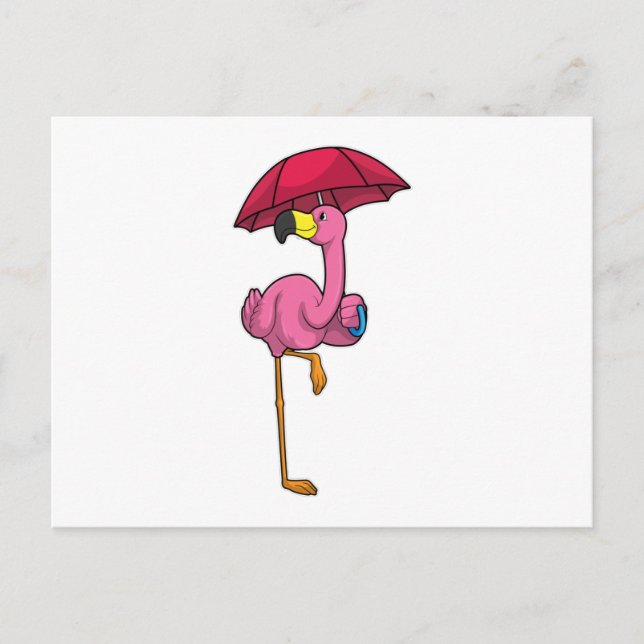 Flamingo beim Regen mit Regenschirm Postkarte (Vorderseite)