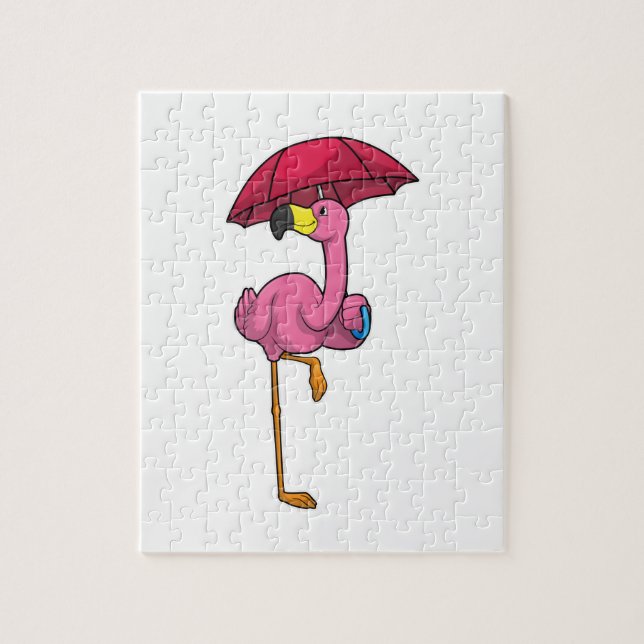 Flamingo beim Regen mit Regenschirm Puzzle (Vertikal)