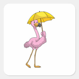 Flamingo beim Regen mit Regenschirm Quadratischer Aufkleber
