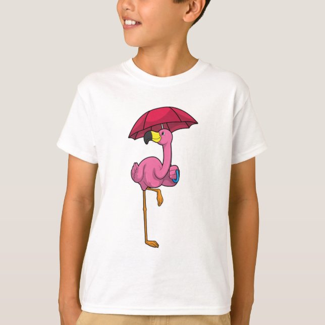 Flamingo beim Regen mit Regenschirm T-Shirt (Vorderseite)