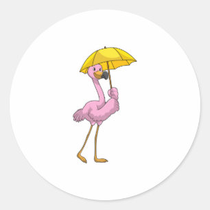 Flamingo beim Regnen mit Regenschirm Runder Aufkleber