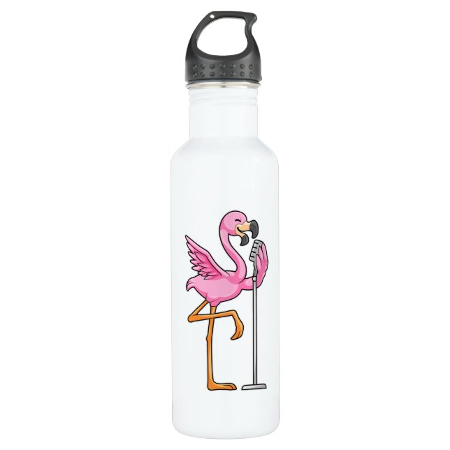 Flamingo beim Singen mit Mikrofon Edelstahlflasche (Vorderseite)