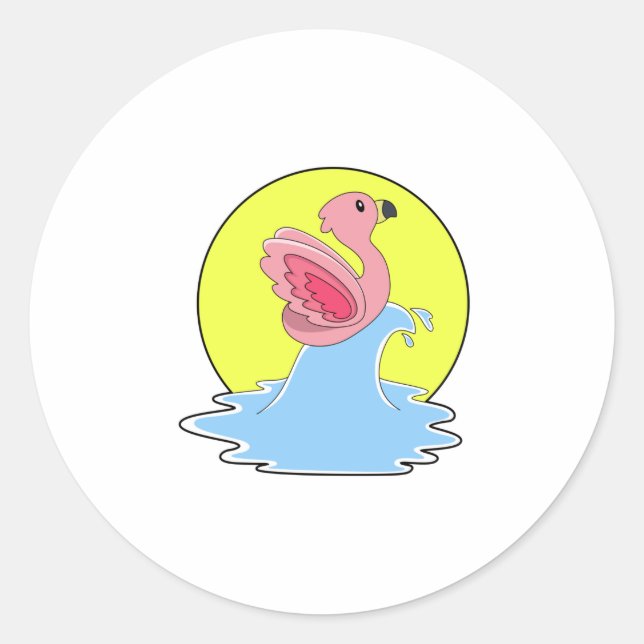 Flamingo beim Surfen im Wasser Runder Aufkleber (Vorderseite)