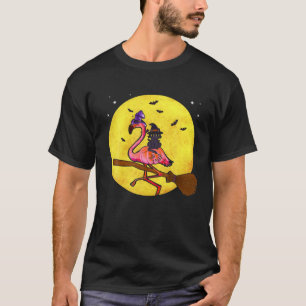 Flamingo Bird Riding Broom With Black Cat Hallowee T-Shirt