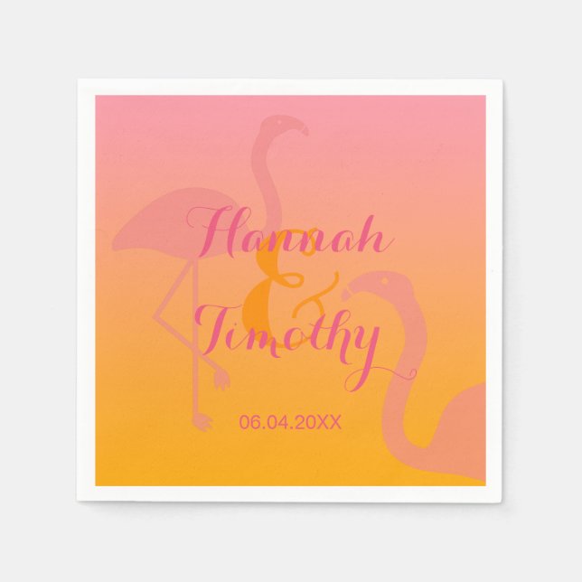 Flamingo Bird tropisch mit Namen und Datum Hochzei Serviette (Vorderseite)