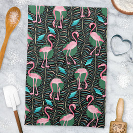 Flamingo Birds 20s Deko Ferns Pattern Black Green Geschirrtuch