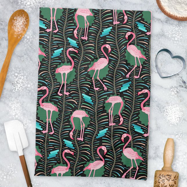 Flamingo Birds 20s Deko Ferns Pattern Black Green Geschirrtuch (Von Creator hochgeladen)