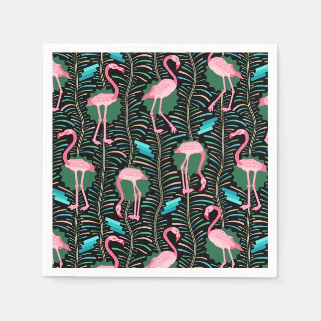 Flamingo Birds 20s Deko Ferns Pattern Black Green Serviette (Vorderseite)